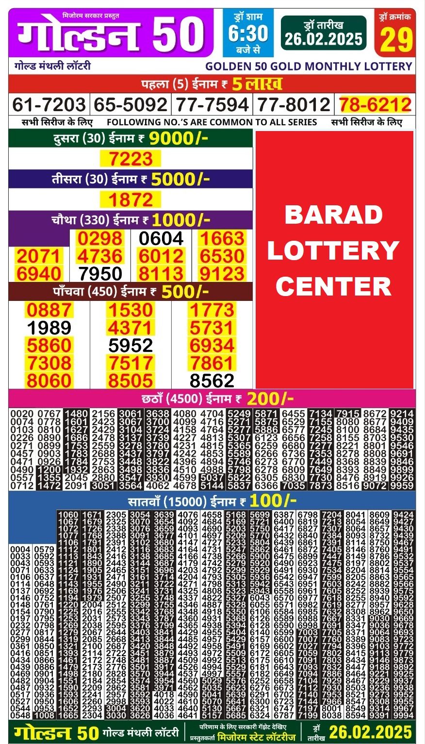 Golden 50 Gold Monthly Lottery Result Draw Date 26-2-25 6-30PM lottery result